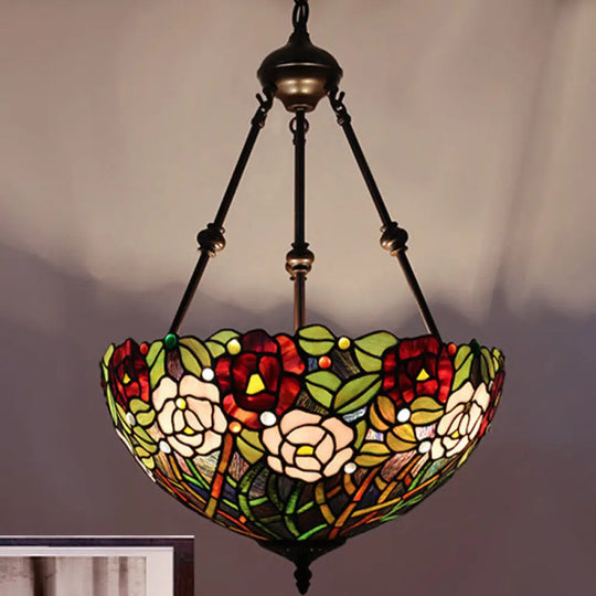 Mediterranean Stained Glass Bowl Ceiling Chandelier With 2 Red/Yellow/Green Pendant Lights Dark