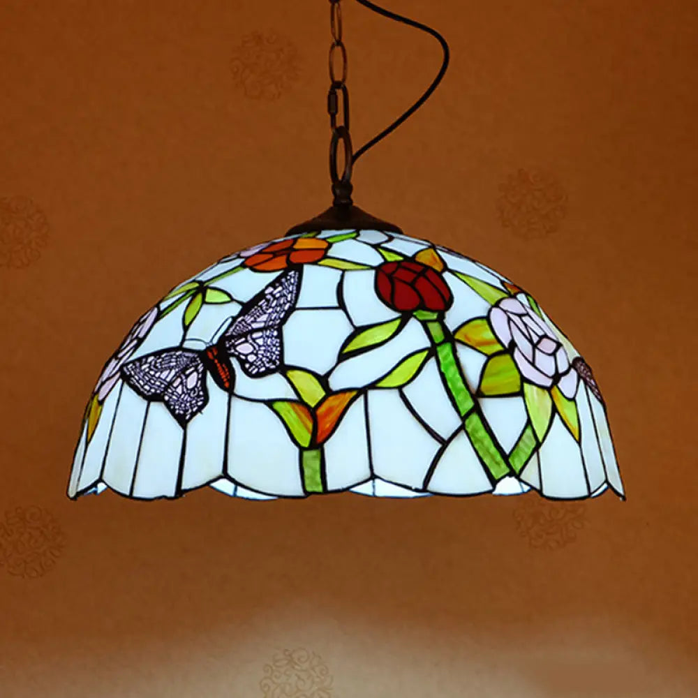 Mediterranean Stained Glass Butterfly Pendant Light: White/Red 1 Light Fixture - Hanging Lamp Kit
