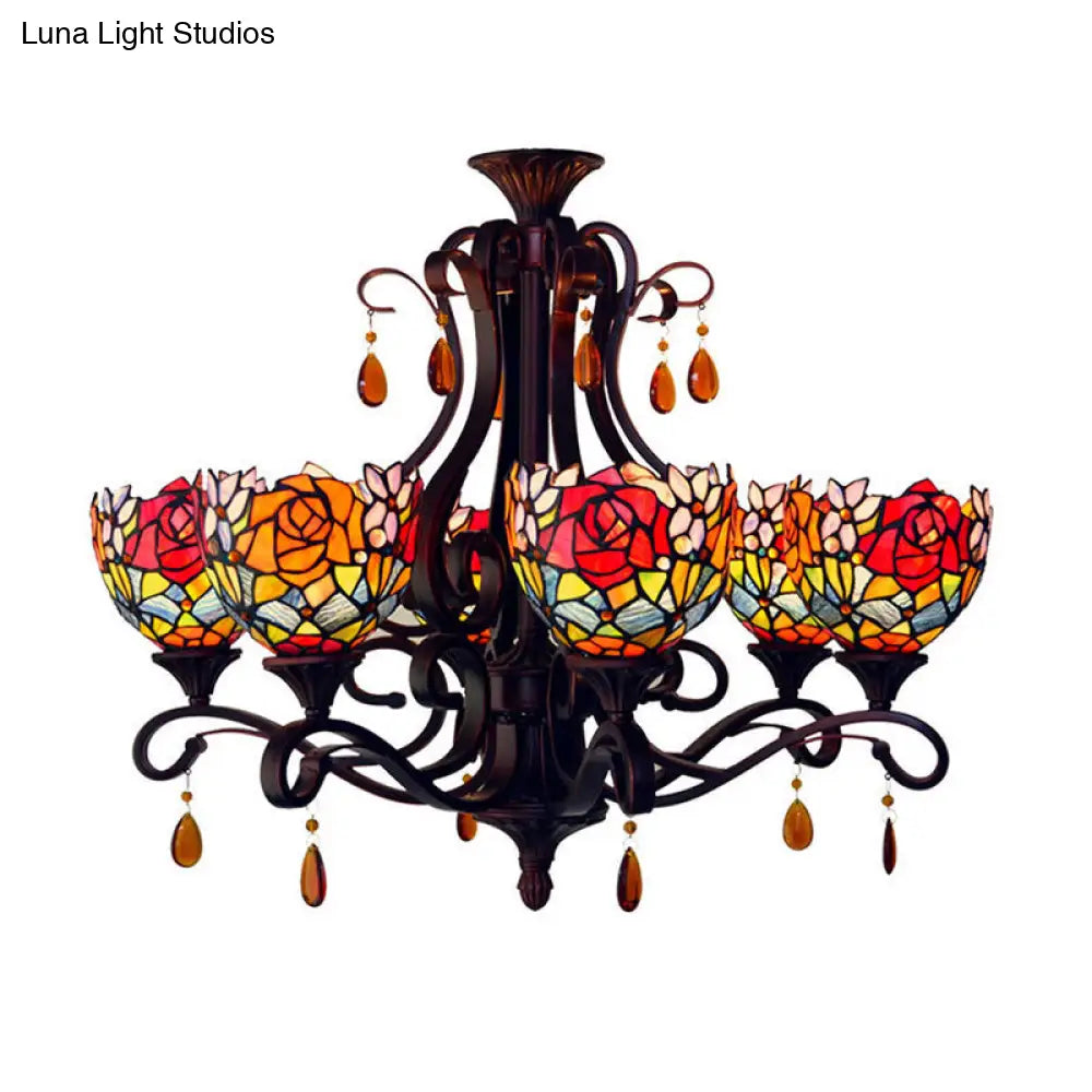 Stained Glass Domed Chandelier - Mediterranean 6-Light Pendant Light Fixture With Crystal Droplet