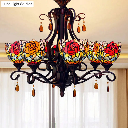 Stained Glass Domed Chandelier - Mediterranean 6-Light Pendant Light Fixture With Crystal Droplet