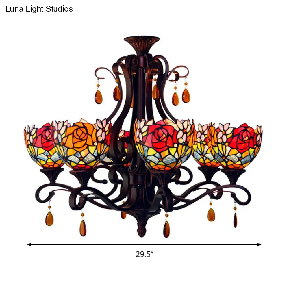 Stained Glass Domed Chandelier - Mediterranean 6-Light Pendant Light Fixture With Crystal Droplet