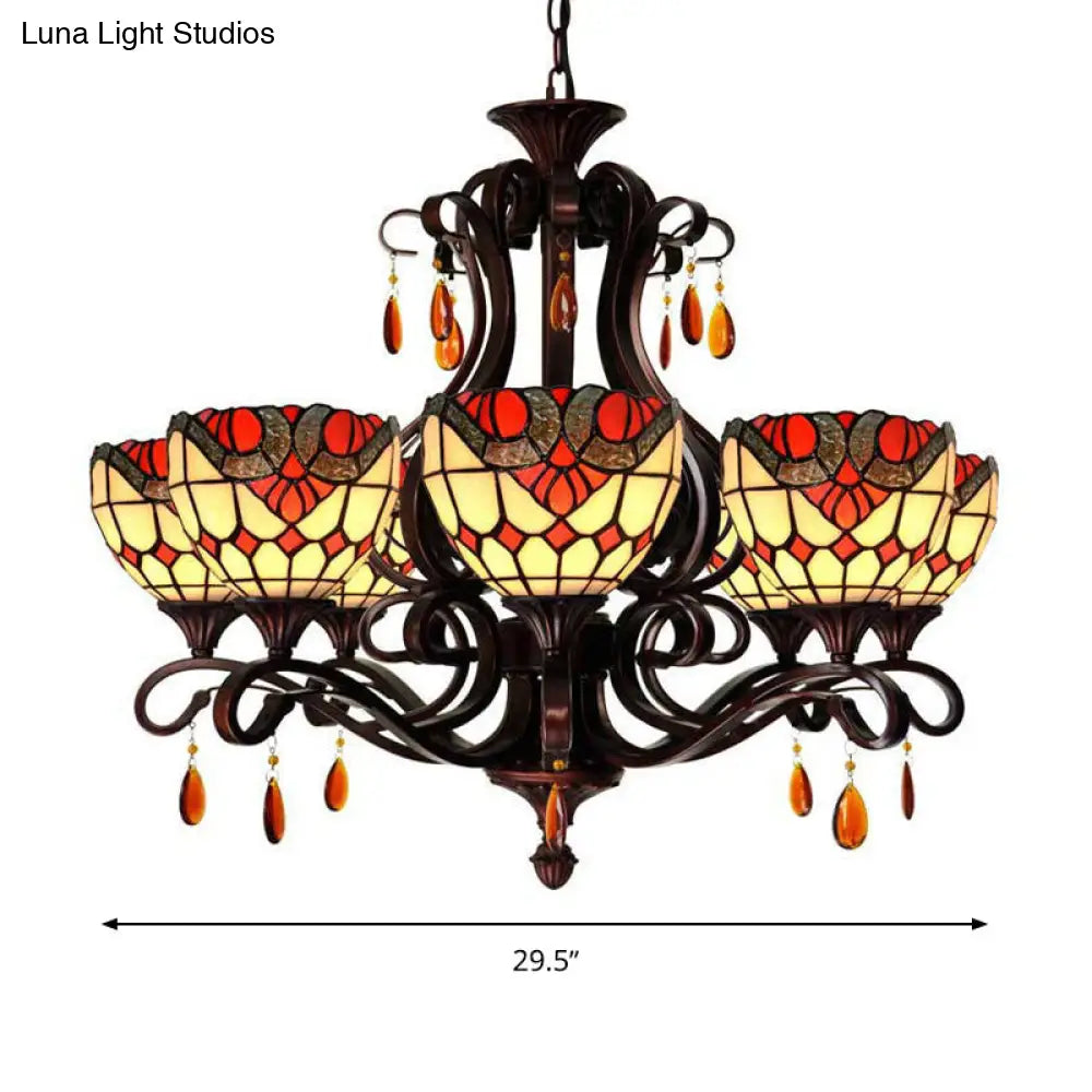 Stained Glass Domed Chandelier - Mediterranean 6-Light Pendant Light Fixture With Crystal Droplet