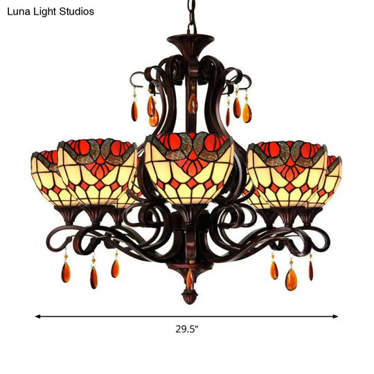 Stained Glass Domed Chandelier - Mediterranean 6-Light Pendant Light Fixture With Crystal Droplet