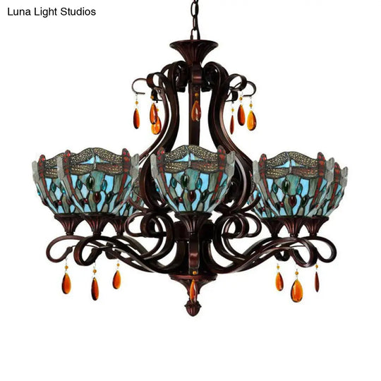 Stained Glass Domed Chandelier - Mediterranean 6-Light Pendant Light Fixture With Crystal Droplet