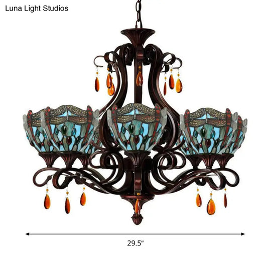 Mediterranean Stained Glass Chandelier - 6-Lights Red/Yellow/Blue Pendant With Crystal Droplet