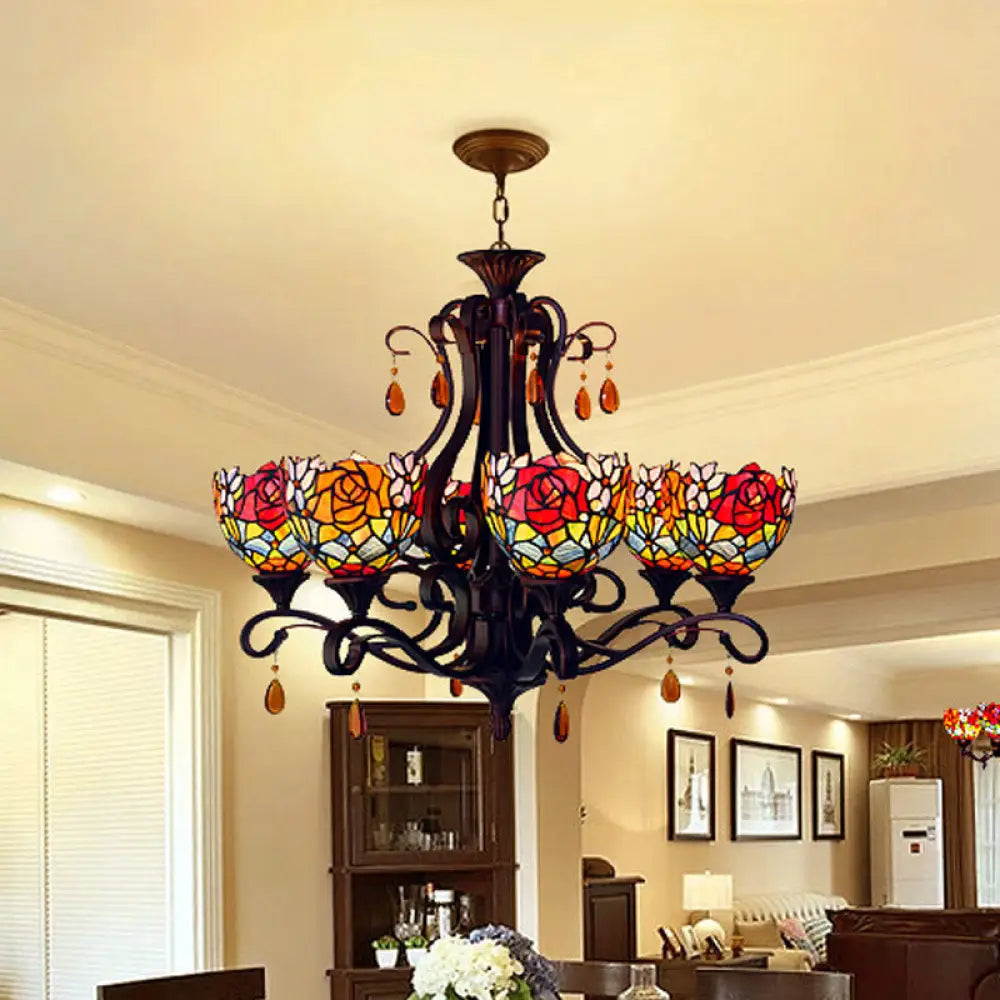 Mediterranean Stained Glass Chandelier - 6-Lights Red/Yellow/Blue Pendant With Crystal Droplet Red