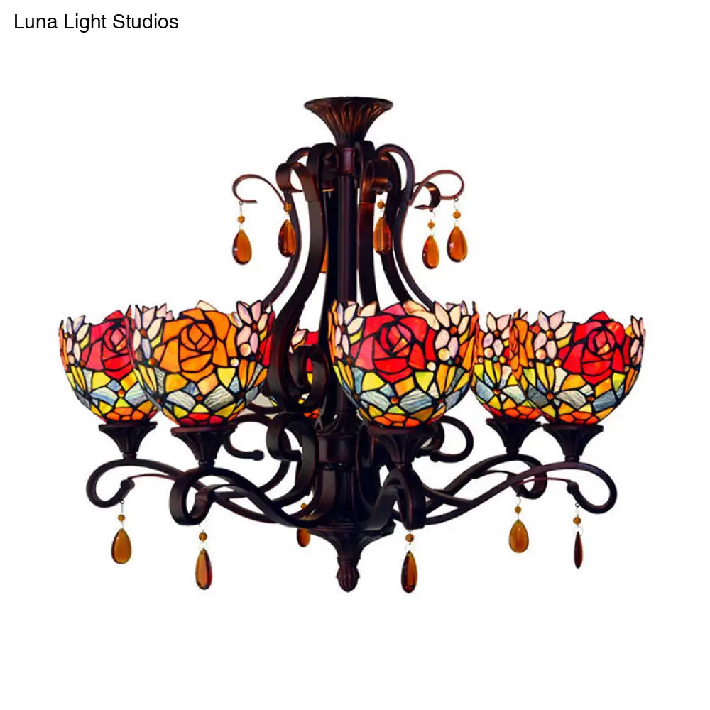 Mediterranean Stained Glass Chandelier - 6-Lights Red/Yellow/Blue Pendant With Crystal Droplet