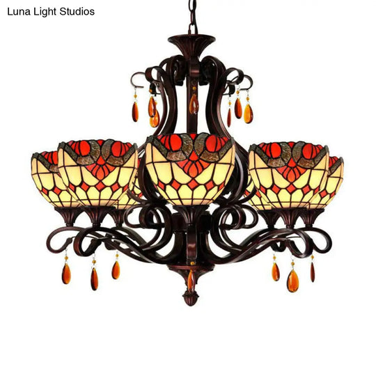 Stained Glass Domed Chandelier - Mediterranean 6-Light Pendant Light Fixture With Crystal Droplet