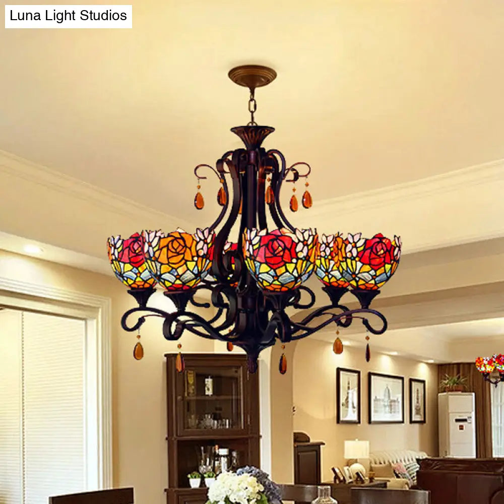 Stained Glass Domed Chandelier - Mediterranean 6-Light Pendant Light Fixture With Crystal Droplet