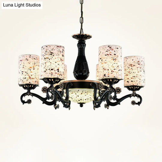 Mediterranean Stained Glass Cylinder Chandelier - 4/6/9 Hanging Lights Black Pendant Suspension