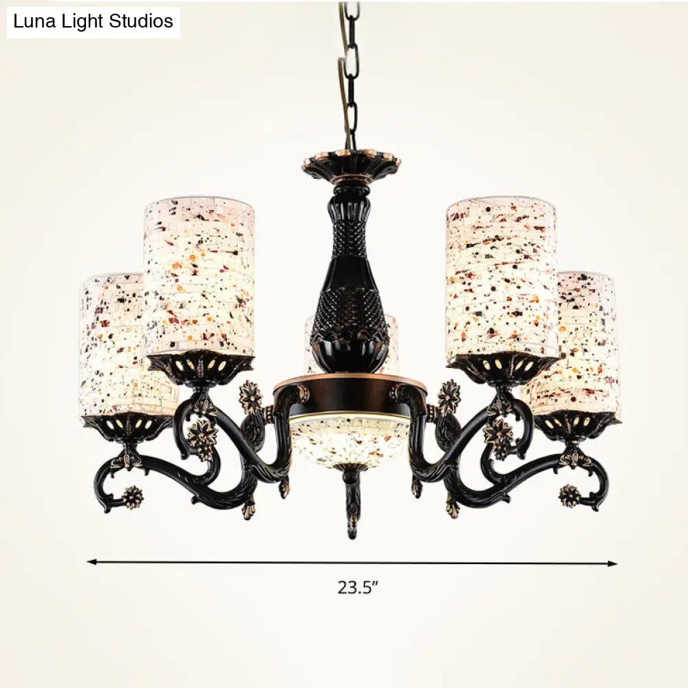 Mediterranean Stained Glass Cylinder Chandelier - 4/6/9 Hanging Lights Black Pendant Suspension