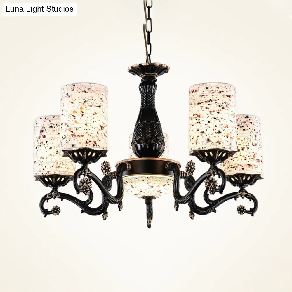 Mediterranean Stained Glass Cylinder Chandelier - 4/6/9 Hanging Lights Black Pendant Suspension