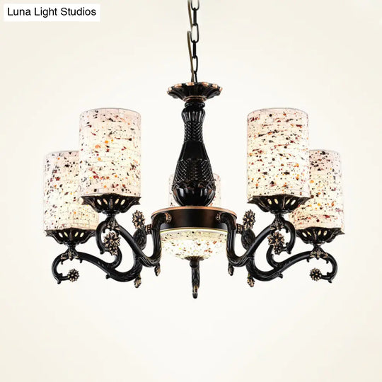 Mediterranean Stained Glass Cylinder Chandelier - 4/6/9 Hanging Lights Black Pendant Suspension