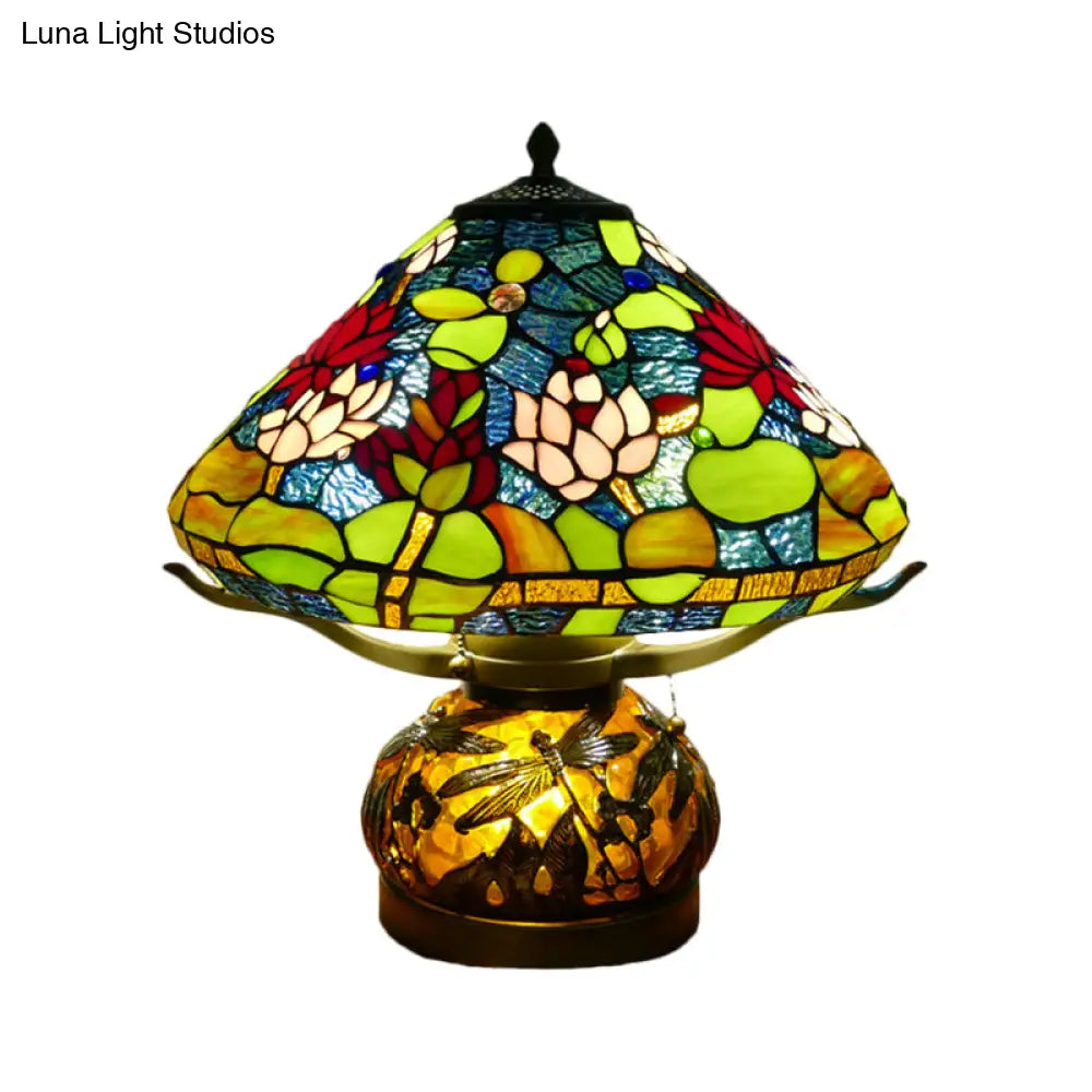 Mediterranean Stained Glass Conic Table Lamp - Green Lotus Patterned Nightlight For Bedroom