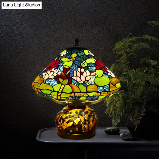 Mediterranean Stained Glass Conic Table Lamp - Green Lotus Patterned Nightlight For Bedroom