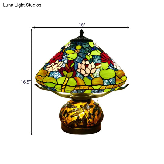 Mediterranean Stained Glass Conic Table Lamp - Green Lotus Patterned Nightlight For Bedroom