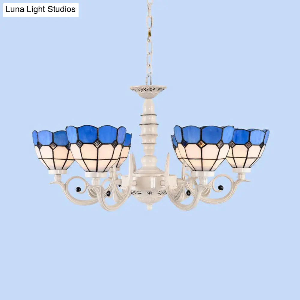 Mediterranean Dome Chandelier Light: Stained Glass Pendant Lamp In White For Living Room - 3/5/8