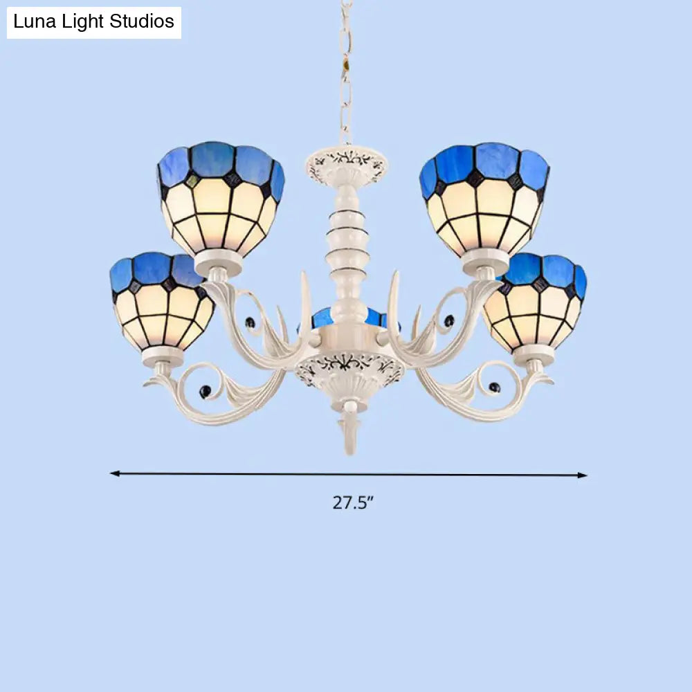 Mediterranean Dome Chandelier Light: Stained Glass Pendant Lamp In White For Living Room - 3/5/8