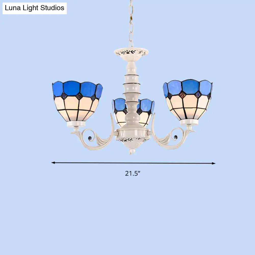 Mediterranean Stained Glass Dome Chandelier - 3/5/8 Light Pendant For Living Room In White