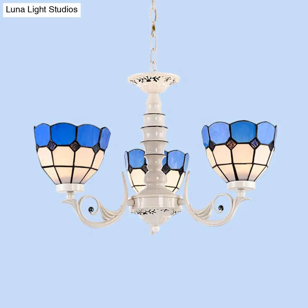 Mediterranean Dome Chandelier Light: Stained Glass Pendant Lamp In White For Living Room - 3/5/8