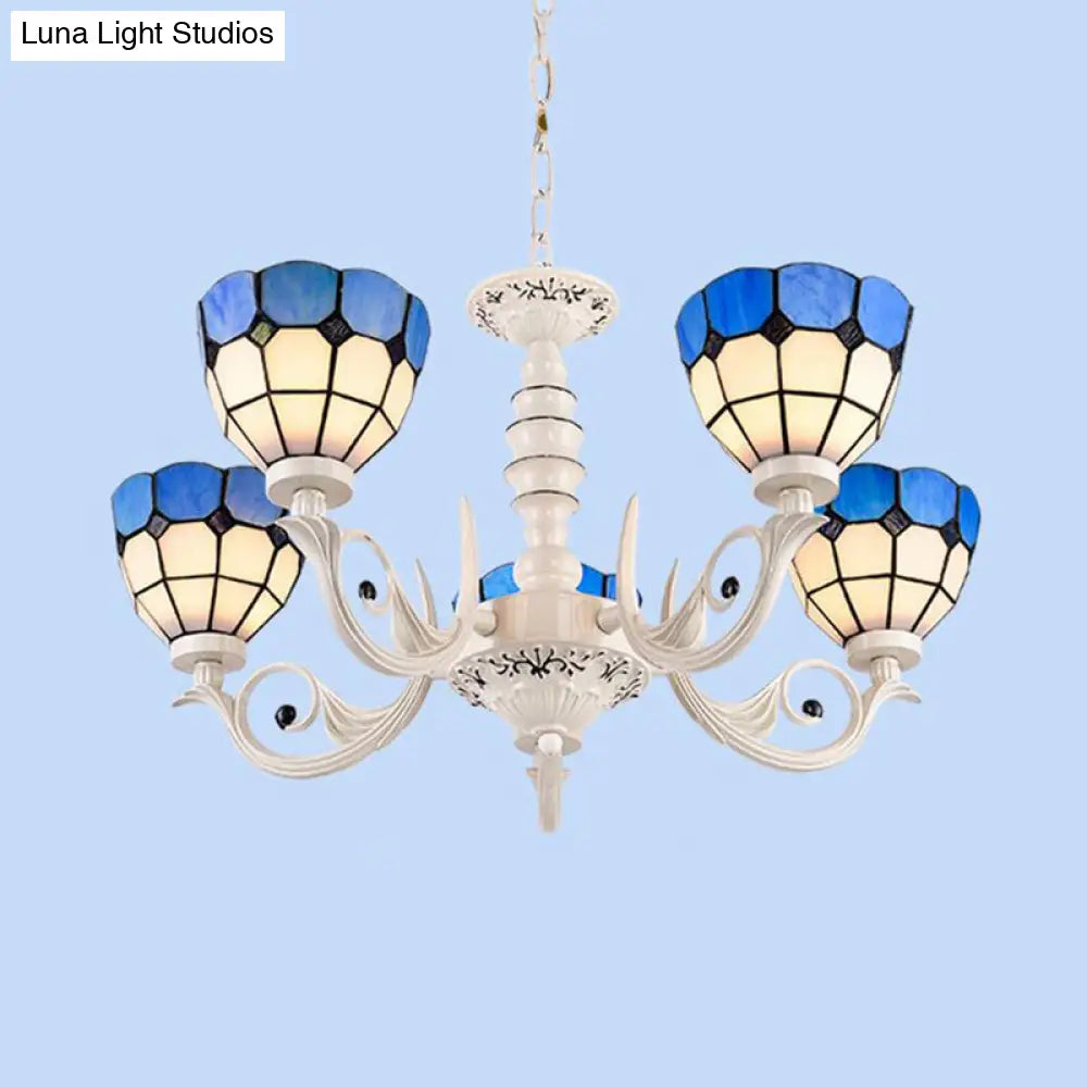 Mediterranean Dome Chandelier Light: Stained Glass Pendant Lamp In White For Living Room - 3/5/8