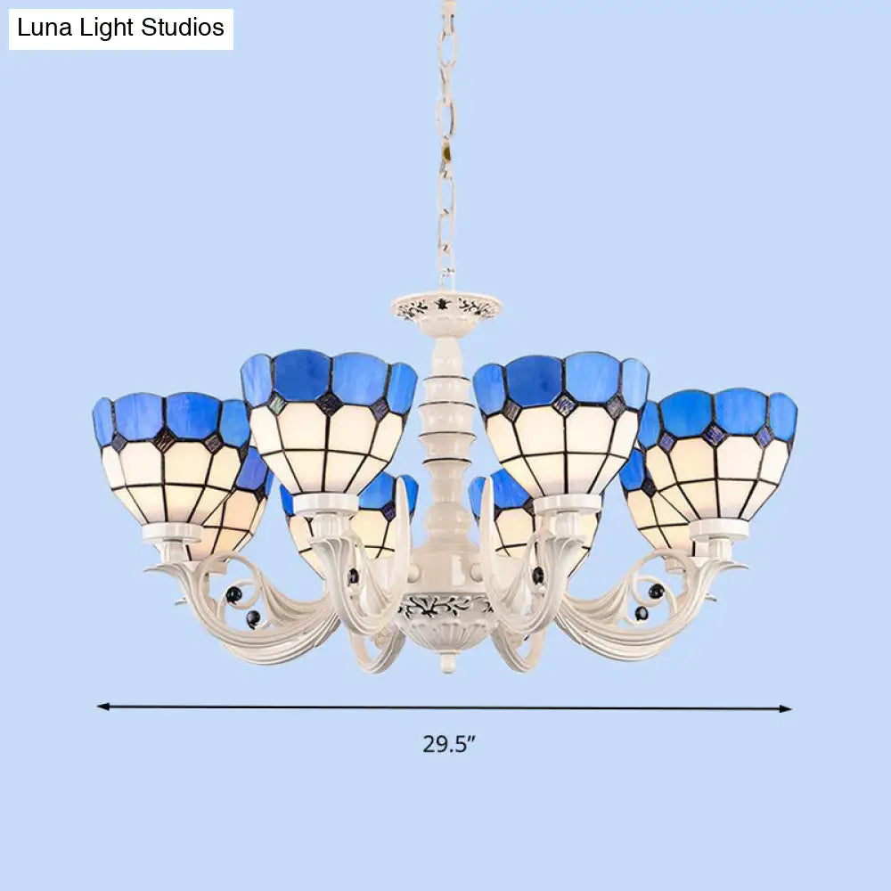 Mediterranean Dome Chandelier Light: Stained Glass Pendant Lamp In White For Living Room - 3/5/8