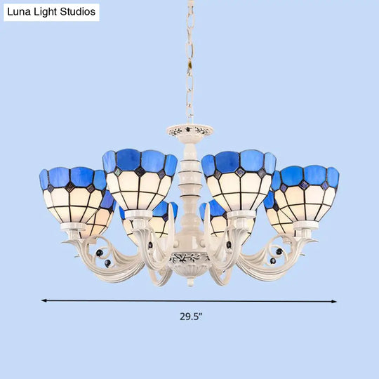 Mediterranean Dome Chandelier Light: Stained Glass Pendant Lamp In White For Living Room - 3/5/8