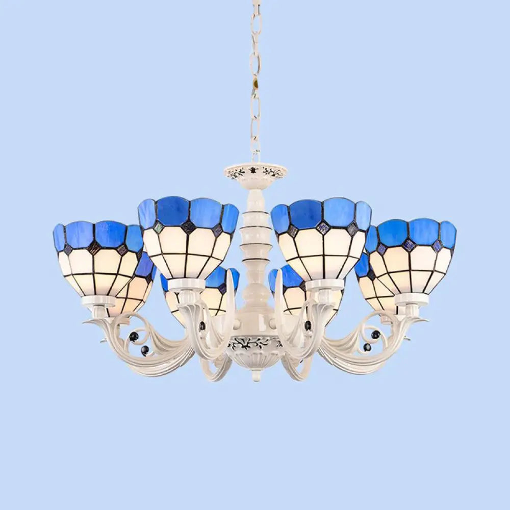 Mediterranean Stained Glass Dome Chandelier - 3/5/8 Light Pendant For Living Room In White 8 /