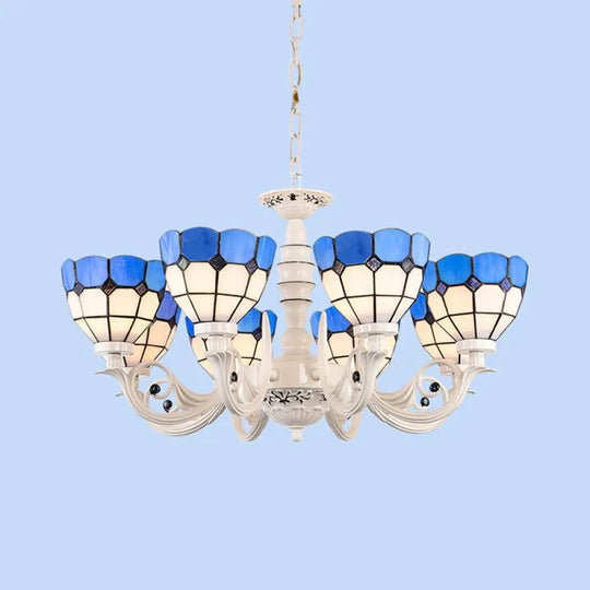 Mediterranean Stained Glass Dome Chandelier - 3/5/8 Light Pendant For Living Room In White 8 /