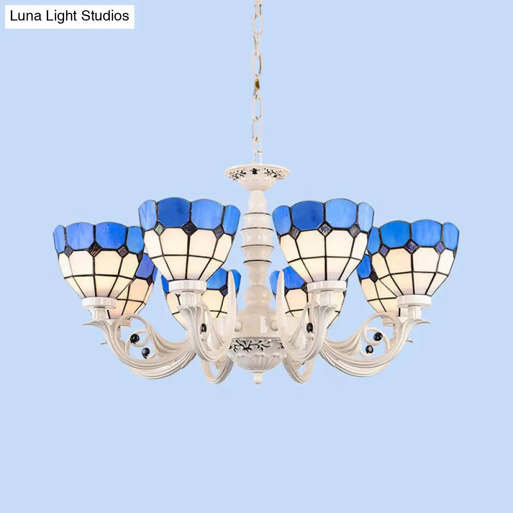 Mediterranean Dome Chandelier Light: Stained Glass Pendant Lamp In White For Living Room - 3/5/8