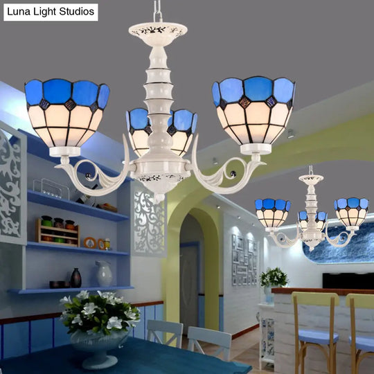 Mediterranean Dome Chandelier Light: Stained Glass Pendant Lamp In White For Living Room - 3/5/8