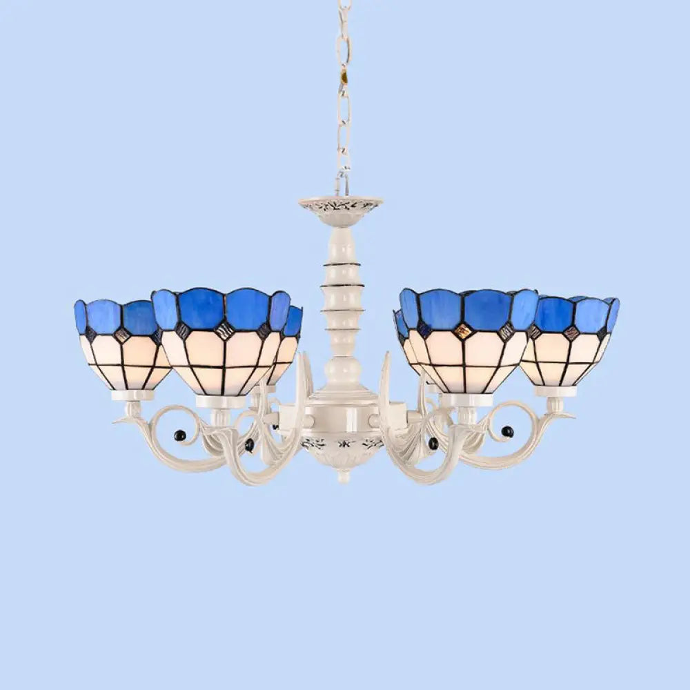 Mediterranean Stained Glass Dome Chandelier - 3/5/8 Light Pendant For Living Room In White 6 /