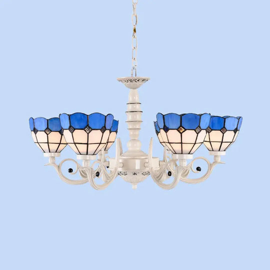 Mediterranean Stained Glass Dome Chandelier - 3/5/8 Light Pendant For Living Room In White 6 /