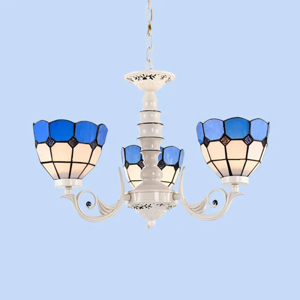 Mediterranean Stained Glass Dome Chandelier - 3/5/8 Light Pendant For Living Room In White 3 /