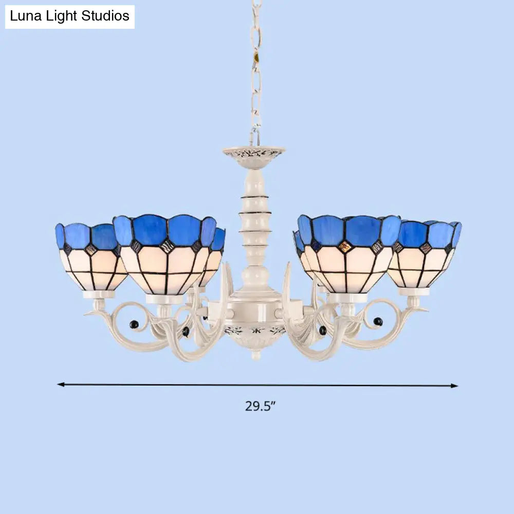 Mediterranean Dome Chandelier Light: Stained Glass Pendant Lamp In White For Living Room - 3/5/8