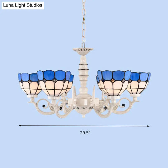 Mediterranean Dome Chandelier Light: Stained Glass Pendant Lamp In White For Living Room - 3/5/8