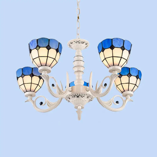 Mediterranean Stained Glass Dome Chandelier - 3/5/8 Light Pendant For Living Room In White 5 /