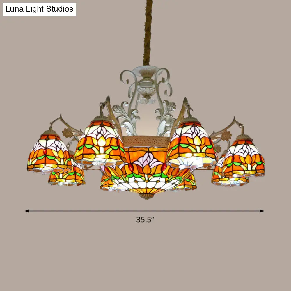 Mediterranean Dome Chandelier With Stained Glass Pendant Light (9/11 Lights) In Distressed White