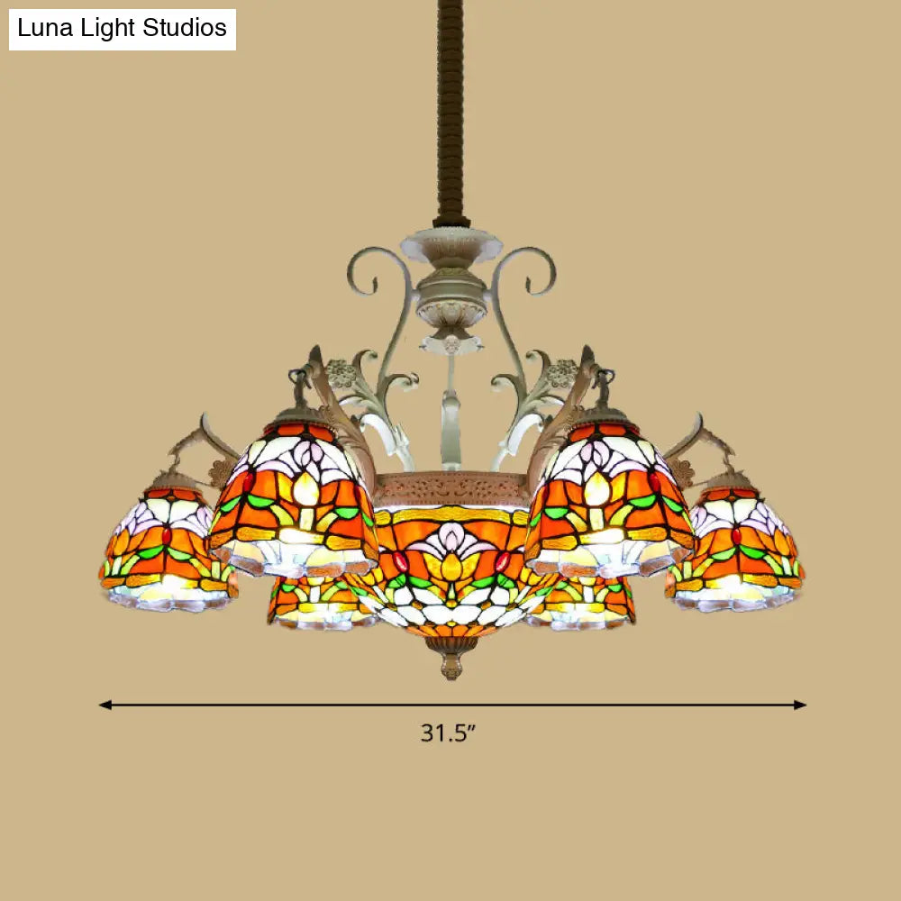 Mediterranean Stained Glass Dome Chandelier Pendant Light (9/11 Lights) In Distressed White