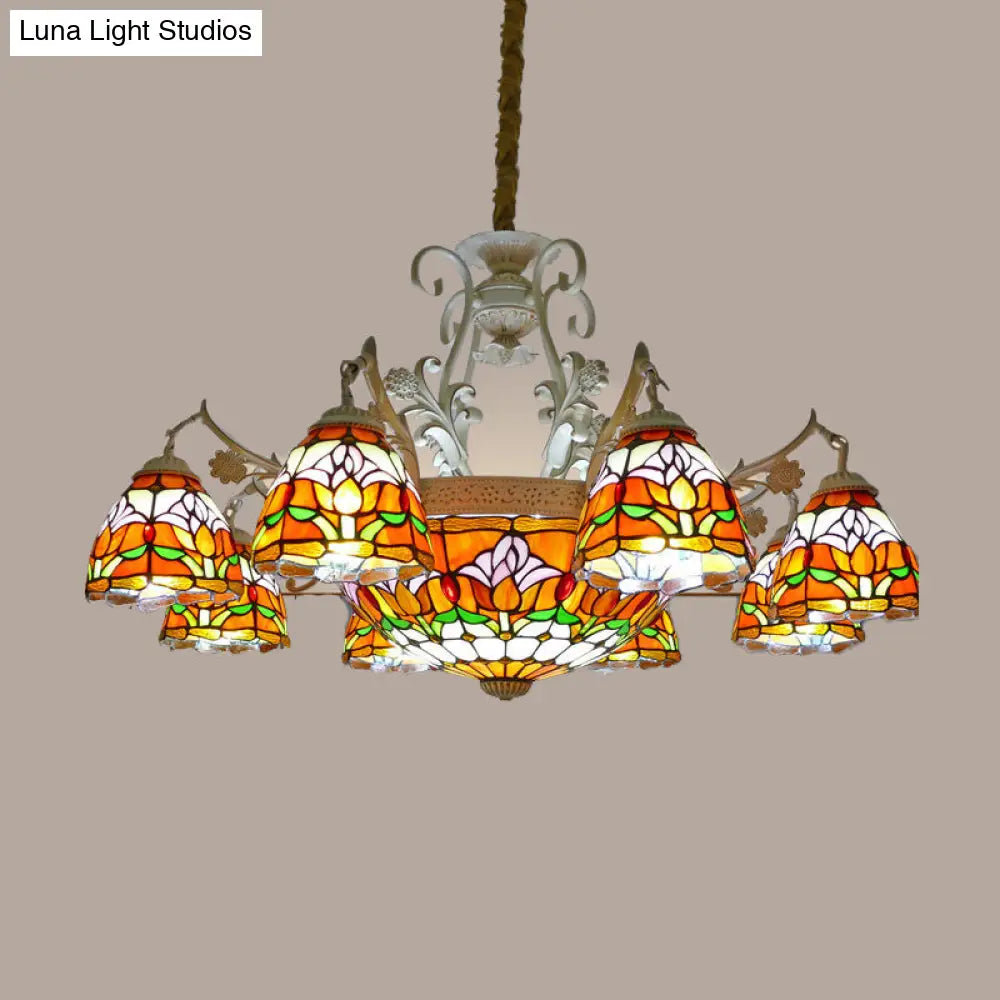 Mediterranean Dome Chandelier With Stained Glass Pendant Light (9/11 Lights) In Distressed White