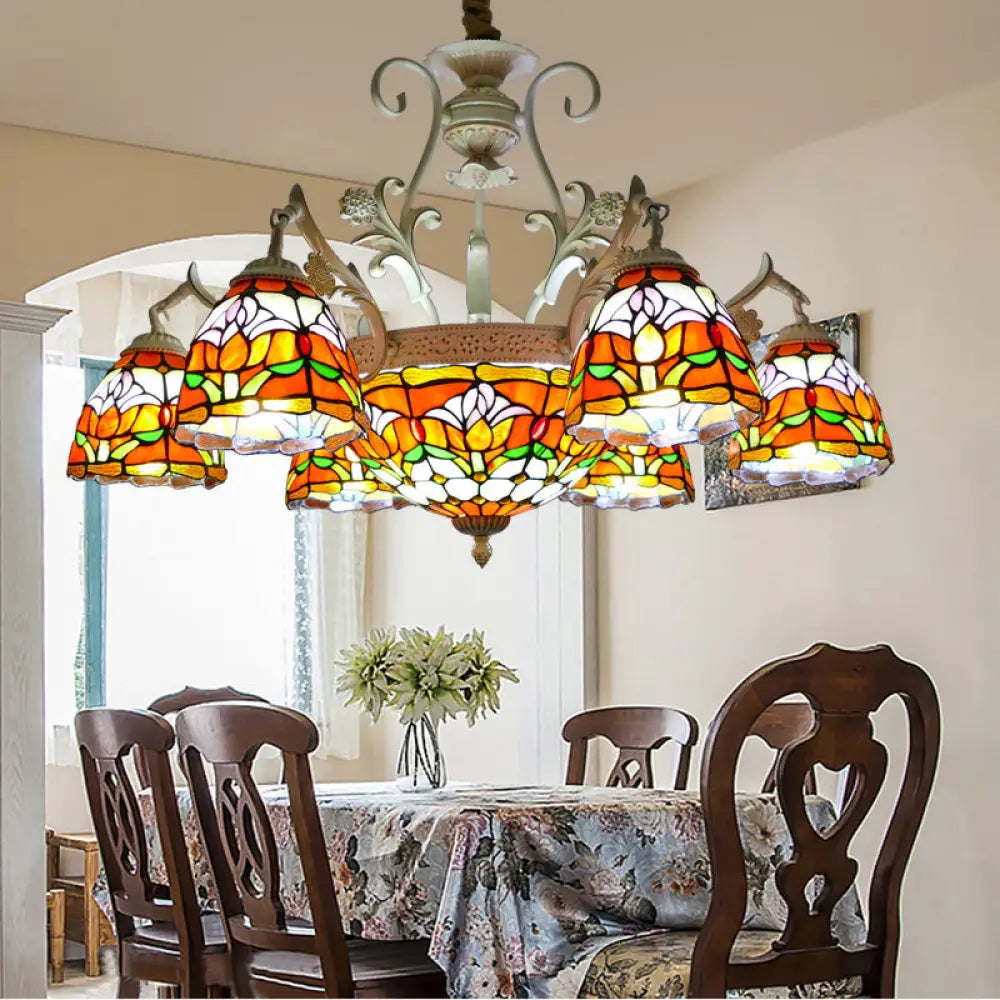 Mediterranean Stained Glass Dome Chandelier Pendant Light (9/11 Lights) In Distressed White 11 /