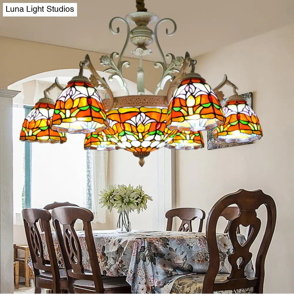 Mediterranean Dome Chandelier With Stained Glass Pendant Light (9/11 Lights) In Distressed White 11