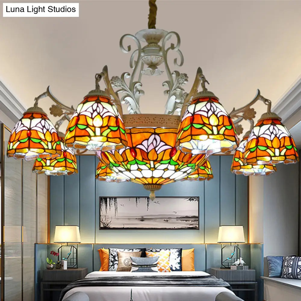 Mediterranean Dome Chandelier With Stained Glass Pendant Light (9/11 Lights) In Distressed White