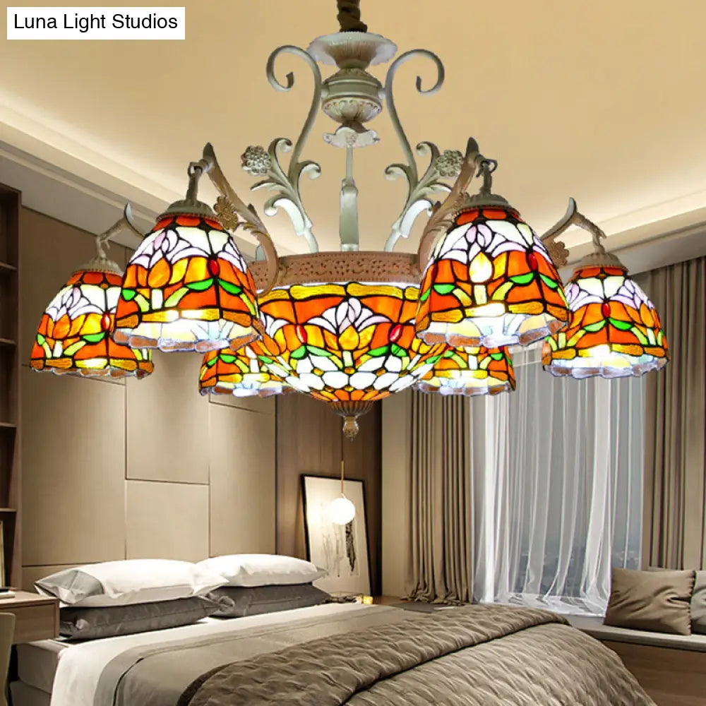 Mediterranean Dome Chandelier With Stained Glass Pendant Light (9/11 Lights) In Distressed White 9 /