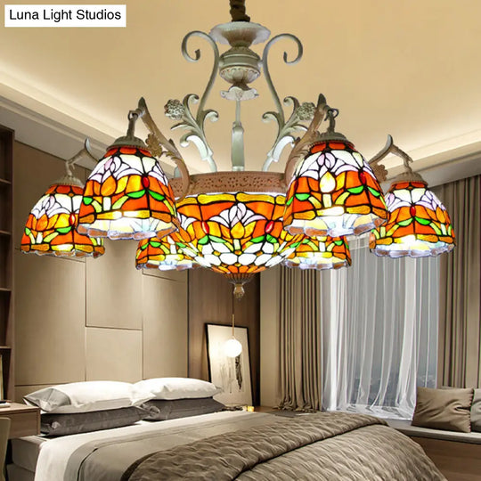 Mediterranean Dome Chandelier With Stained Glass Pendant Light (9/11 Lights) In Distressed White 9 /