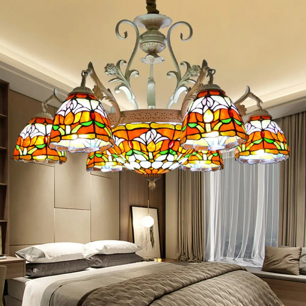 Mediterranean Stained Glass Dome Chandelier Pendant Light (9/11 Lights) In Distressed White 9 /