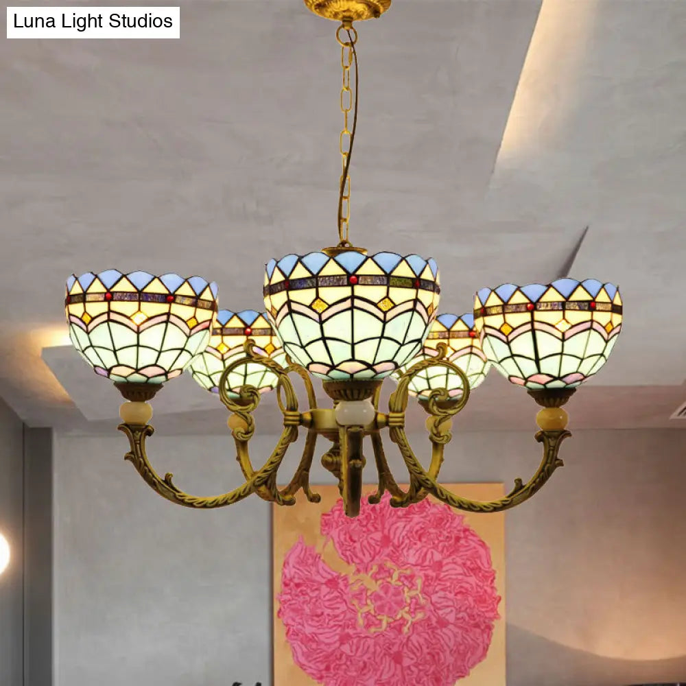 Mediterranean Stained Glass Dome Chandelier With 5 Orange And Blue Drop Pendants For Living Room