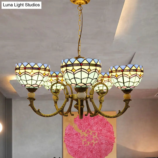 Mediterranean Stained Glass Dome Chandelier With 5 Orange And Blue Drop Pendants For Living Room