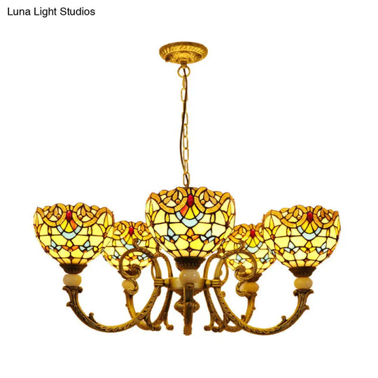 Mediterranean Stained Glass Dome Chandelier With 5 Orange And Blue Drop Pendants For Living Room