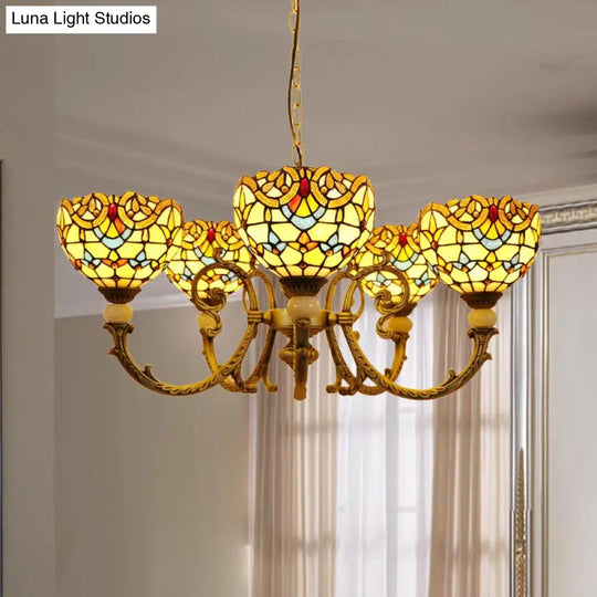 Mediterranean Stained Glass Dome Chandelier With 5 Orange And Blue Drop Pendants For Living Room